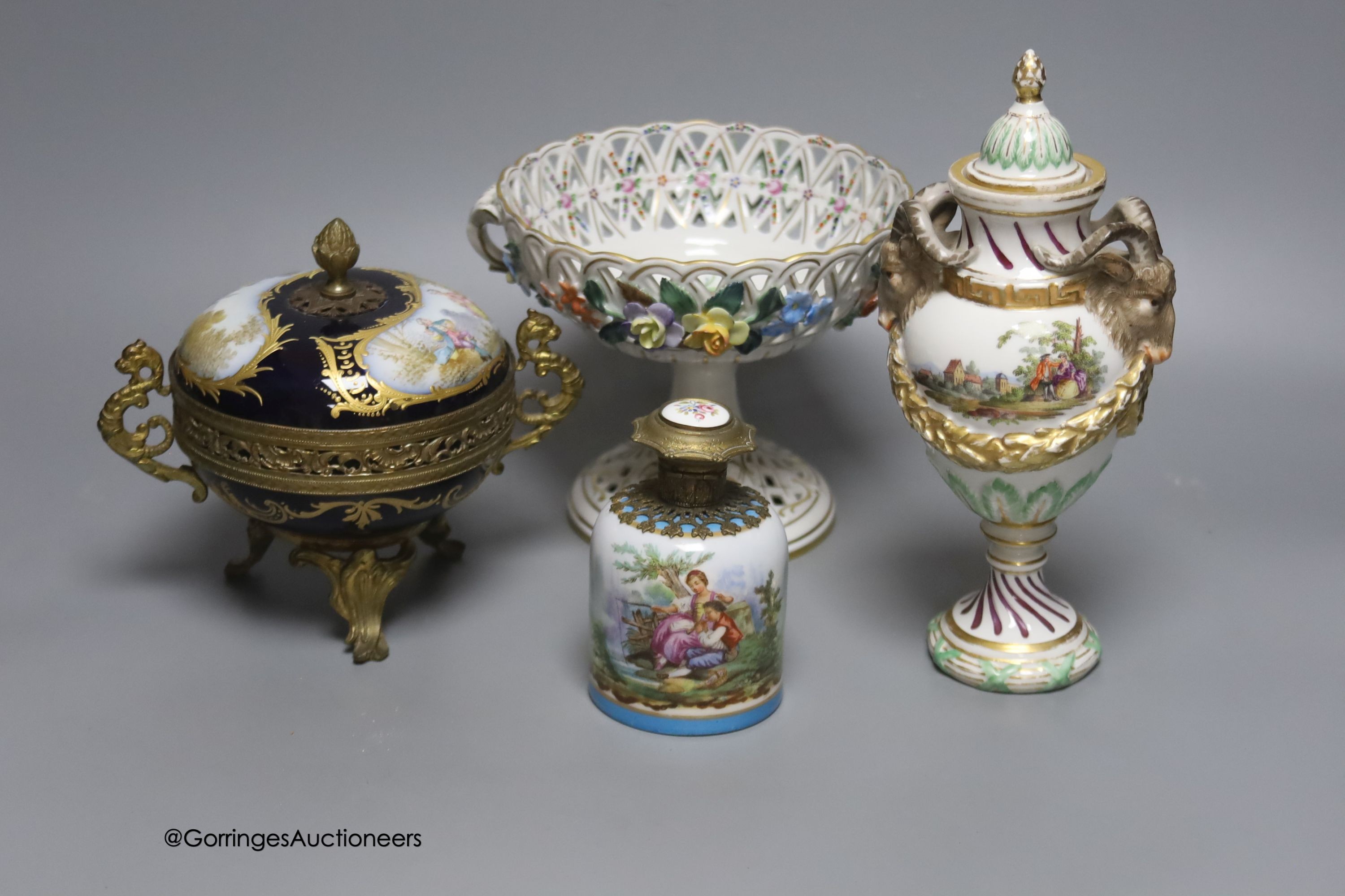 A Sevres style ormolu-mounted bowl and cover, a similar lidded vase and a scent bottle, tallest 22cm